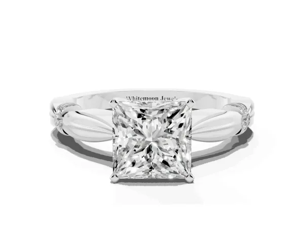 Princess Cut Solitaire Diamond Twisted Band with Four-Prong Setting White gold