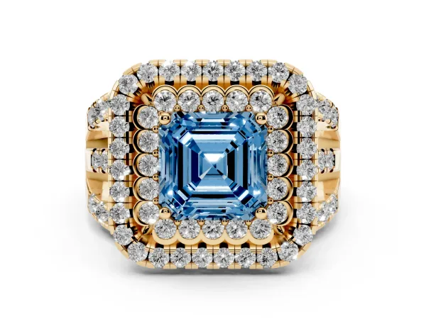 Fancy Blue Asscher Cut Diamond Double Halo Ring with Round Pavé Split Shank and Prong Setting Yellow gold