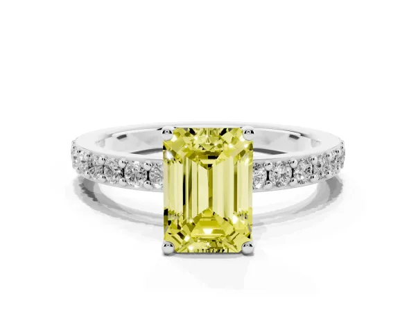 Fancy Yellow Emerald Cut Cut Diamond Solitaire with Pave Band and Four-Prong Setting Platinum