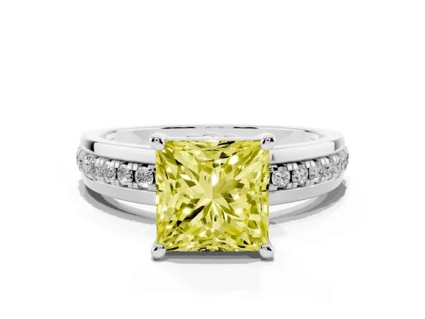 Fancy Yellow Princess Cut Solitaire Diamond Ring with Channel Set Band and Six-Prong Setting Platinum