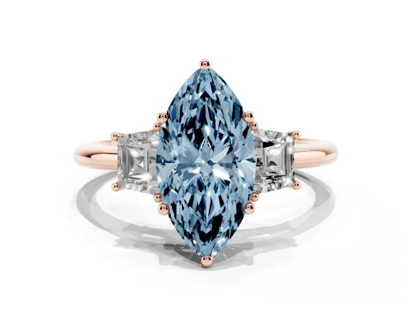 Fancy Blue Marquise Cut Diamond Three-Stone Ring with Trapezoid Side Stones and Prong Setting Rose gold