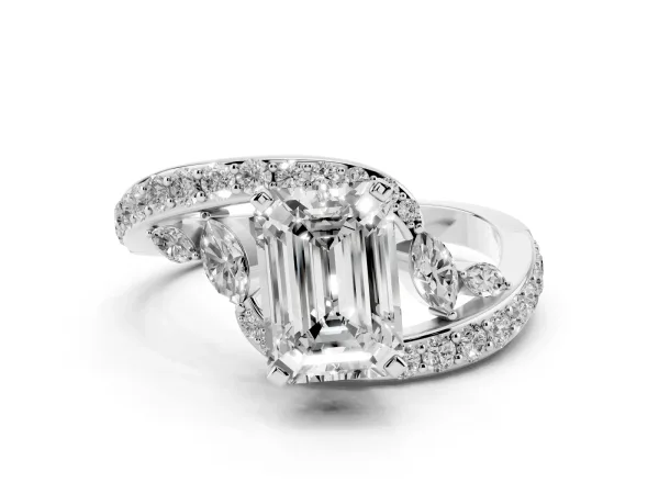 Emerald Cut Solitaire with Pavé Twist Band and Four-Prong Setting Platinum
