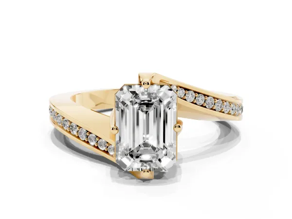 Emerald Cut Solitaire Diamond Twist Band with Pavé Setting and Four-Prong Setting Yellow gold