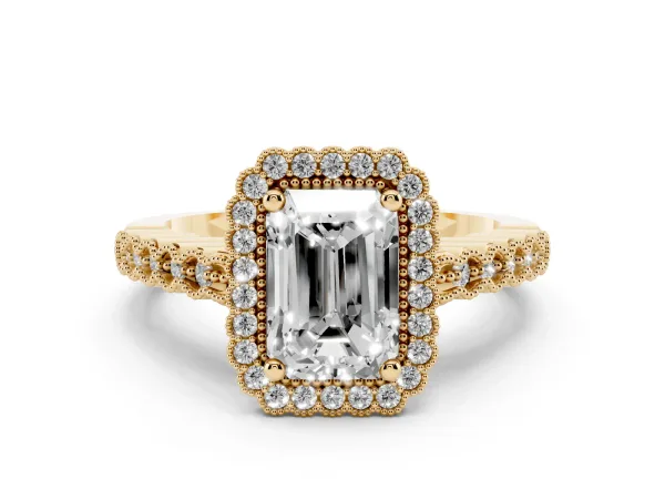 Radiant Cut Cut Halo Pavé Solitaire Ring with Milgrain Band Yellow gold
