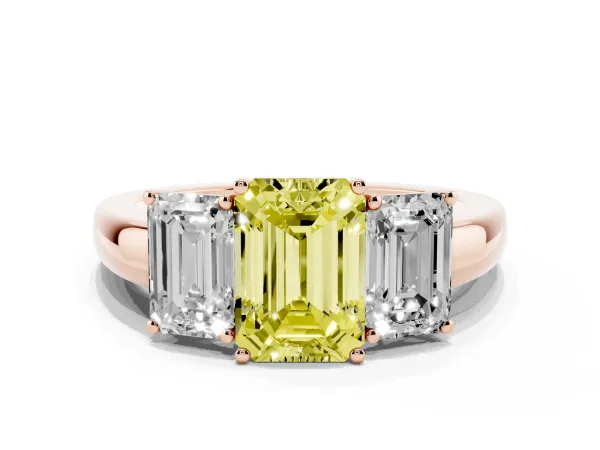 Fancy Yellow Emerald Cut Diamond Three-Stone Ring with Four-Prong Setting and Classic Band Rose gold