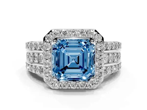 Fancy Blue Asscher Cut Halo Diamond Ring with Round Split Shank and Prong Setting Platinum