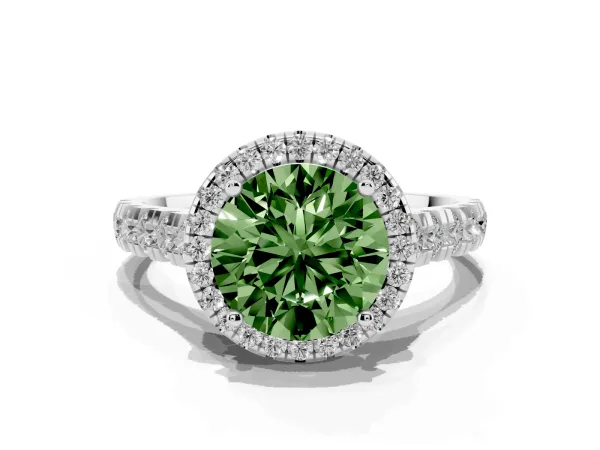 Fancy Green Round Cut Halo Pavé Diamond Engagement Ring with Four-Prong Setting White gold
