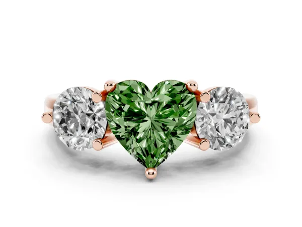 Fancy Green Three-Stone Heart Cut Brilliant Cut Solitaire Ring with Prong Setting on a Classic Band Rose gold