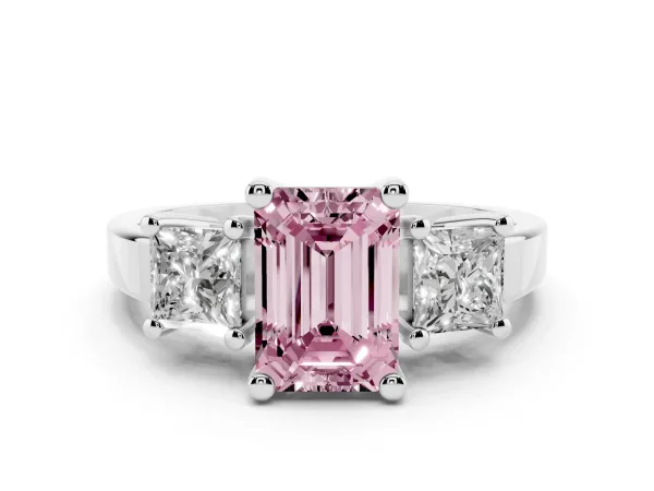 Fancy Pink Three-Stone Emerald Cut Cut Solitaire Ring with Prong Setting White gold
