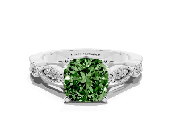 Fancy Green Cushion Cut Cut Diamond with Milgrain Marquise and Bezel Accents on a Solitaire Band with Prong Setting White gold