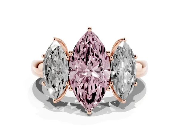 Fancy Pink Marquise Cut Diamond Three-Stone Ring with Four-Prong Setting and Classic Band Rose gold