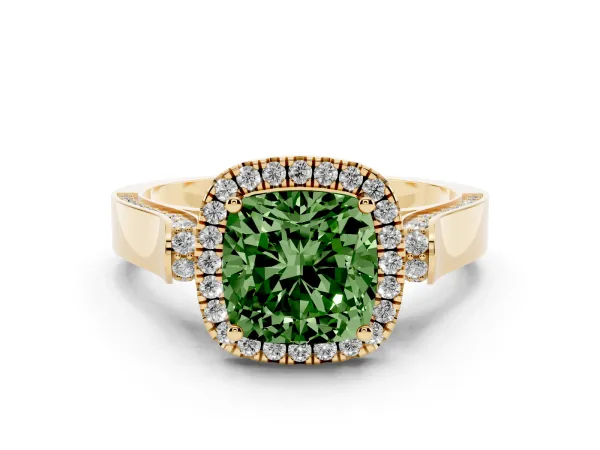 Fancy Green Cushion Cut Halo Pave Split Shank Prong Setting Ring Yellow gold