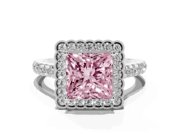 Fancy Pink Princess Cut Cut Diamond Milgrain Floral Halo Engagement Ring with Pavé Band Platinum