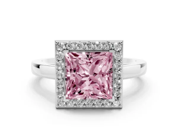 Fancy Pink Princess Cut Halo Diamond Ring with Solitaire Band and Prong Setting Platinum