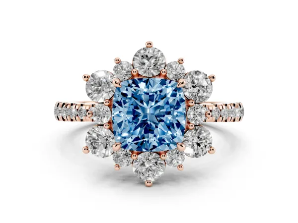 Fancy Blue Cushion Cut Diamond Floral Halo Ring with Round Pavé Band and Prong Setting Rose gold
