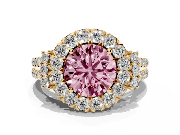 Fancy Pink Round Cut Cut Double Halo Diamond Engagement Ring with Pave Band and Four-Prong Setting Yellow gold