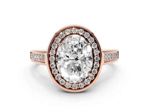 Oval Cut Halo Solitaire Diamond Ring with Pave Band and Bezel Setting Rose gold