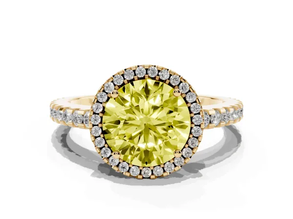Fancy Yellow Round Cut Diamond Halo Engagement Ring with Pavé Band and Prong Setting Yellow gold