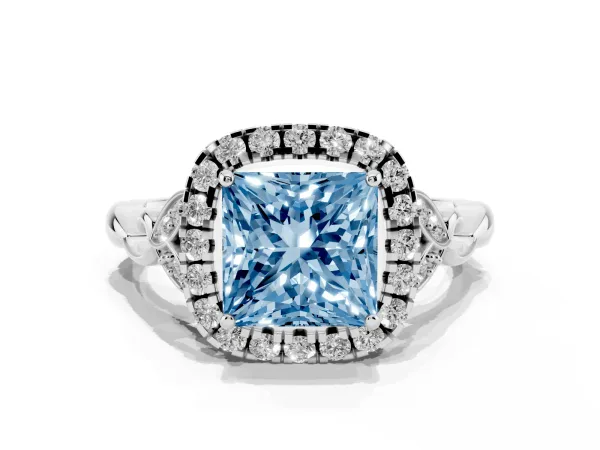Fancy Blue Princess Cut Halo Diamond Engagement Ring with Vintage-Inspired Band and Four-Prong Setting Platinum