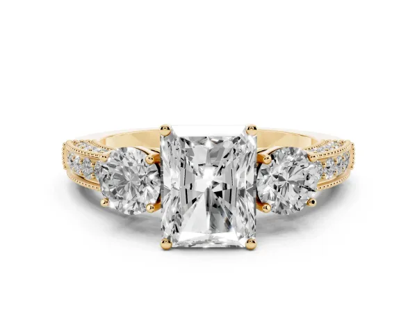 Radiant Cut Three-Stone Diamond Ring with Pavé Band and Four-Prong Setting Yellow gold
