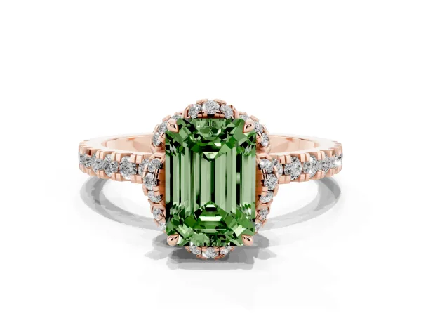 Fancy Green Emerald Cut Halo Diamond Pave Band Ring with Four-Prong Setting Rose gold