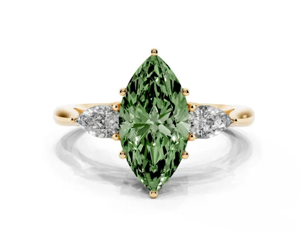 Fancy Green Marquise Cut Diamond Three-Stone Ring with Pear Side Stones and Prong Setting Yellow gold