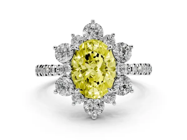 Fancy Yellow Oval Cut Diamond Floral Halo Ring with Round Pavé Band and Prong Setting White gold