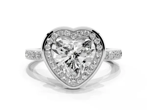 Heart Cut Diamond Halo Ring with Bezel Frame and Pavé Band White gold