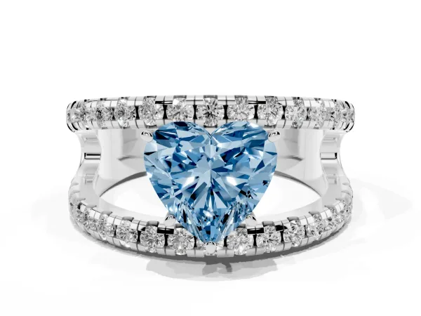 Fancy Blue Heart Cut Solitaire Split Shank Pave Diamond Ring White gold