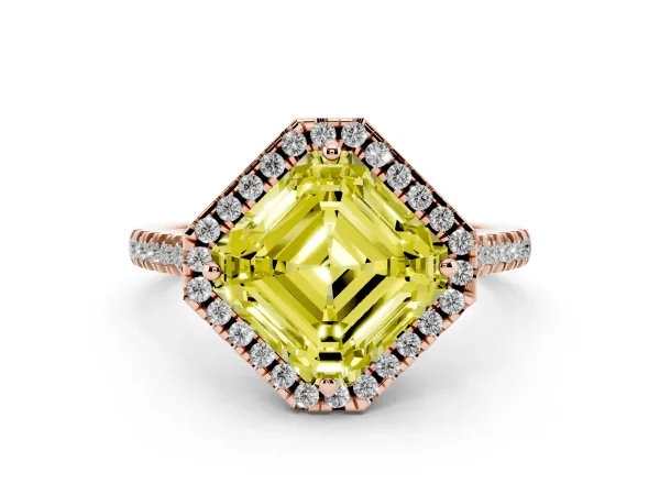 Fancy Yellow Asscher Cut Diamond Cushion Halo Ring with Pavé Band Rose gold