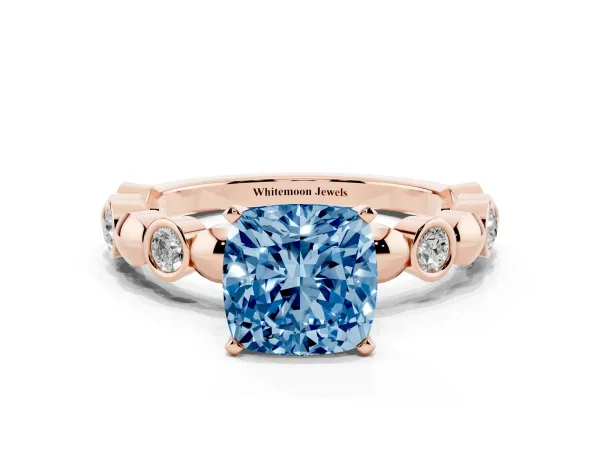 Fancy Blue Cushion Cut Solitaire Bezel-Set Diamond Ring with Beaded Band and Four-Prong Setting Rose gold