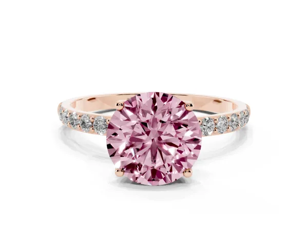 Fancy Pink Round Cut Diamond Solitaire Engagement Ring with Round Pavé Band and Prong Setting Rose gold