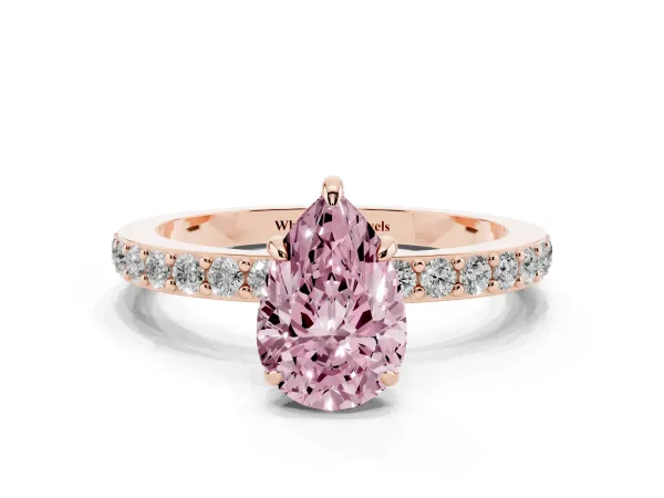 Fancy Pink Pear Cut Diamond Pavé Engagement Ring with Round Accents and Prong Setting Rose gold