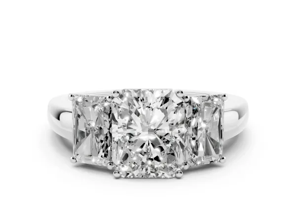 Radiant Cut Diamond Three-Stone Ring with Four-Prong Setting and Classic Band Platinum