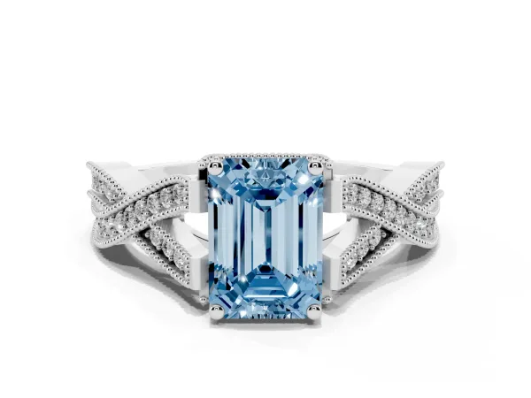 Fancy Blue Emerald Cut Cut Diamond Twisted Band with Milgrain Pave Setting and Four-Prong Setting Platinum