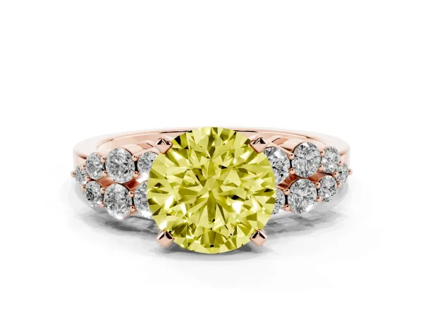 Fancy Yellow Round Cut Cluster Diamond Engagement Ring with Pavé Band and Four-Prong Setting Rose gold