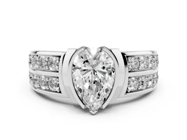 Pear Cut Brilliant Diamond Channel Set Wide Band Ring with Bezel Setting White gold
