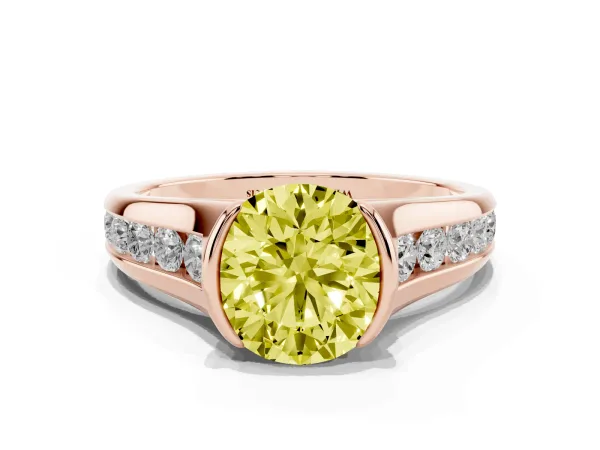 Fancy Yellow Round Cut Solitaire Bezel-Set Diamond Ring with Channel-Set Band Rose gold