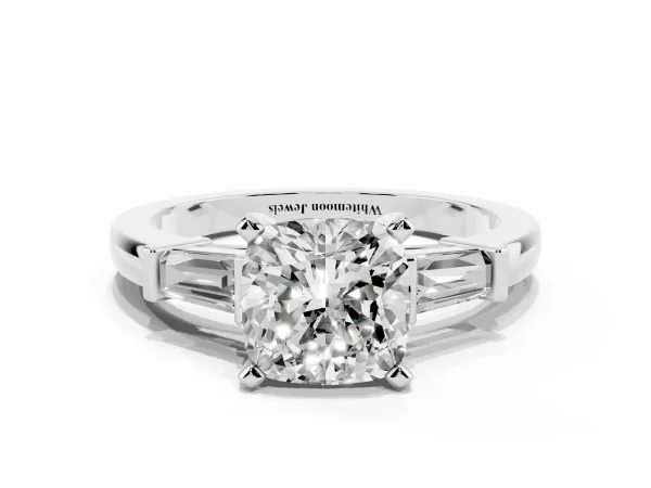 Cushion Cut Cut Diamond Solitaire Ring with Tapered Baguette Accents and Four-Prong Setting White gold