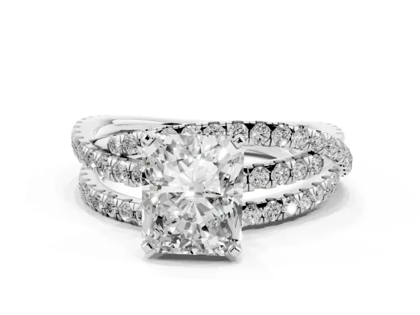 Radiant Cut Solitaire Twist Band with Pavé Setting and Four-Prong Setting White gold