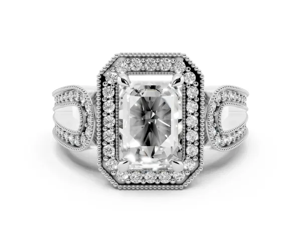 Emerald Cut Halo Split Shank Milgrain Diamond Ring White gold