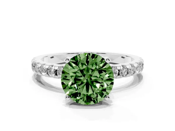 Fancy Green Round Cut Diamond Solitaire Ring with Round Pavé Band and Four-Prong Setting Platinum