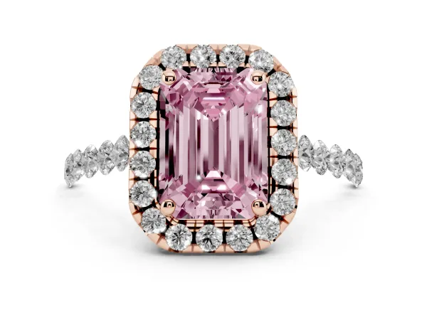 Fancy Pink Emerald Cut Halo Pavé Diamond Engagement Ring with Four-Prong Setting Rose gold