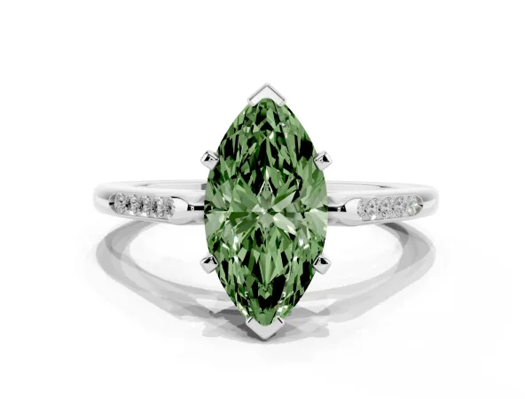Fancy Green Marquise Cut Diamond Solitaire Ring with Channel Set Round Band and Prong Setting Platinum