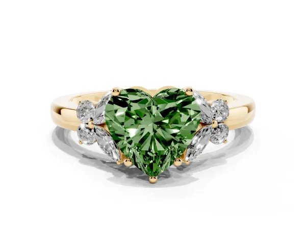Fancy Green Heart Cut Cut Solitaire Floral Diamond Ring with Four-Prong Setting Yellow gold