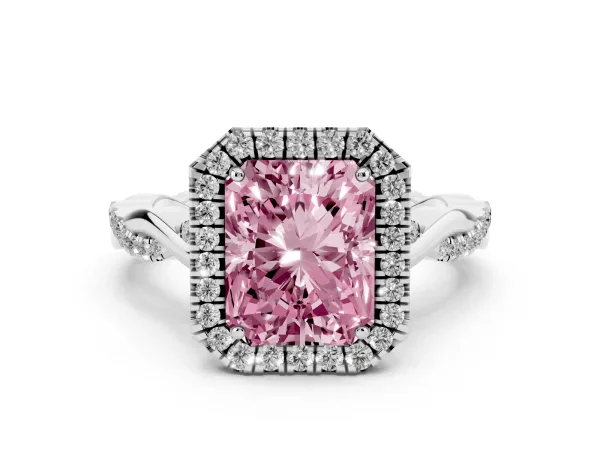 Fancy Pink Radiant Cut Halo Twist Band Solitaire Ring Platinum