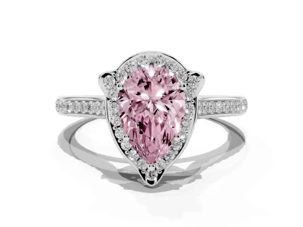 Fancy Pink Pear Cut Halo Round Diamond Pave Band with Four-Prong Setting White gold