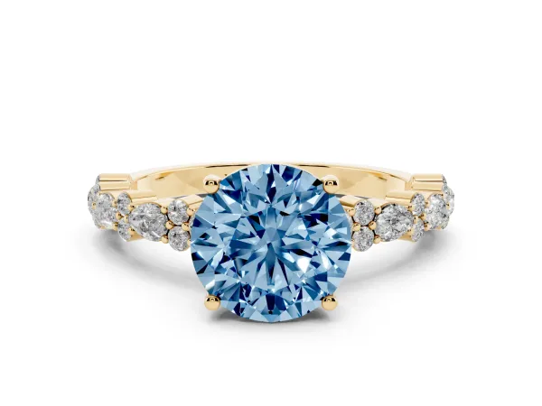 Fancy Blue Round Cut Diamond Side Stone Solitaire Ring with Round and Four-Prong Setting Yellow gold