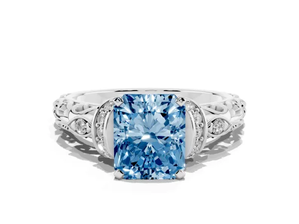 Fancy Blue Radiant Cut Diamond Solitaire Ring with Filigree Band and Four-Prong Setting Platinum