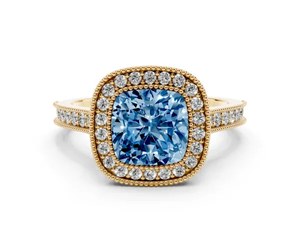 Fancy Blue Halo Cushion Cut-Cut Diamond Pave Band Milgrain Prong Setting Ring Yellow gold